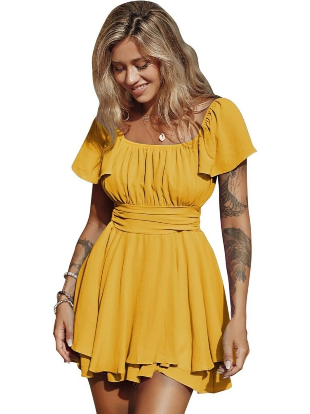 Women's Yellow Summer Ruffle Short Sleeve Tie Back Square Neck A Line Jumpsuits